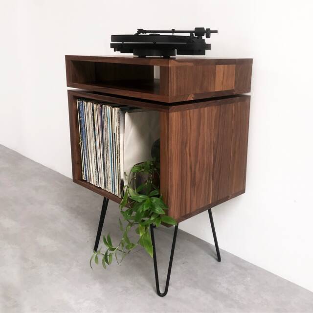 "Walnut Record Player Stand, Premium Solid Wood Vinyl Storage On Mid Century Hairpin Legs ""Stack Stand" - image 1