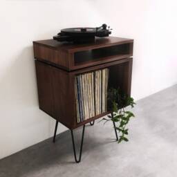"Walnut Record Player Stand, Premium Solid Wood Vinyl Storage On Mid Century Hairpin Legs ""Stack Stand" - thumbnail 3