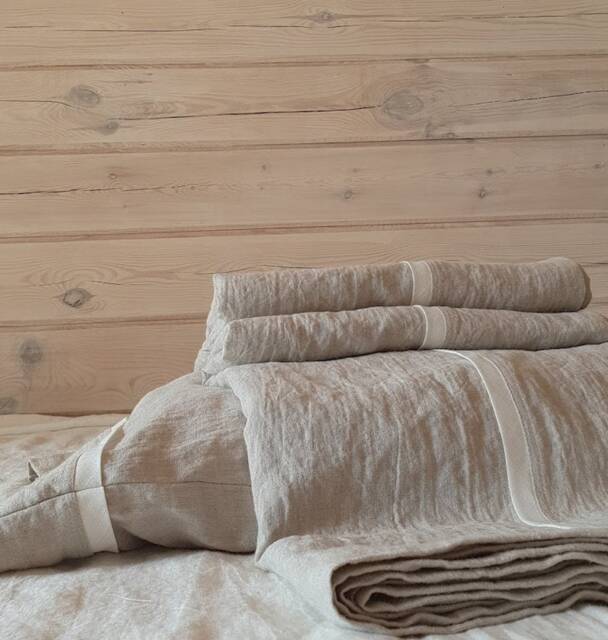 Natural Flax Linen Sheet Set With Off-Off-White Trim Includes Fitted & Pillowcases - image 1