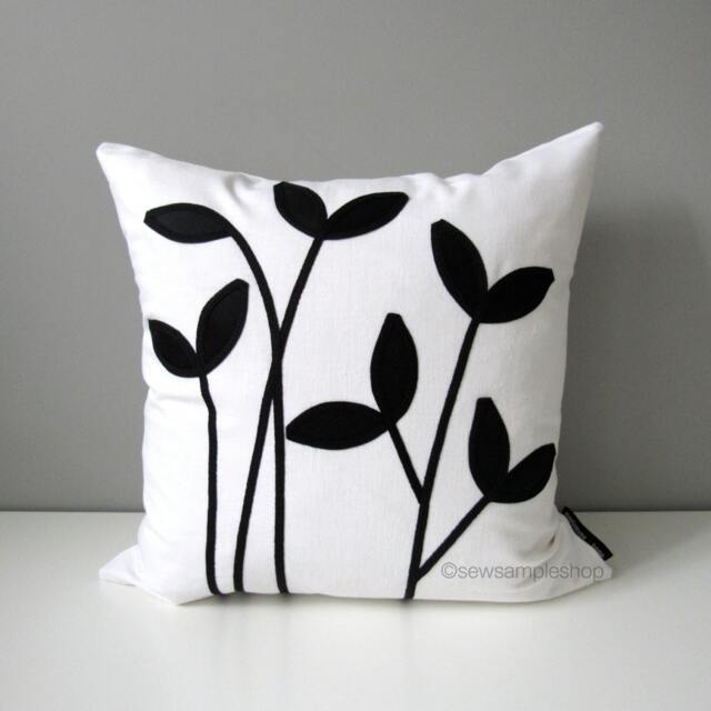 "Decorative Black & White Pillow Cover, Modern Silk Sprouts & Leaves Cushion Cover 16""x16" - image 1