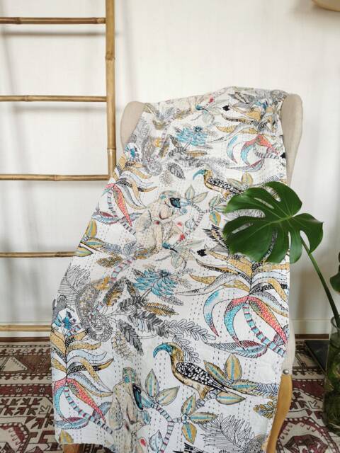 Kantha Stitch Pure Cotton Reversible Bed/Sofa Throw King Size - Tropical Animal Bird Handprinted Dohar Indian Blankets -White Paradise - image 1