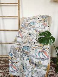 Kantha Stitch Pure Cotton Reversible Bed/Sofa Throw King Size - Tropical Animal Bird Handprinted Dohar Indian Blankets -White Paradise - thumbnail 1