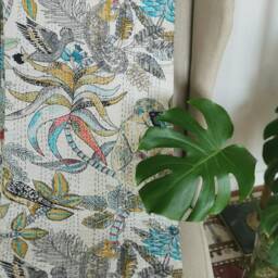 Kantha Stitch Pure Cotton Reversible Bed/Sofa Throw King Size - Tropical Animal Bird Handprinted Dohar Indian Blankets -White Paradise - thumbnail 3