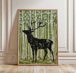 Green Woodland Deer - Black Stag Silhouette Forest Wall Art Linocut Style - thumbnail 1