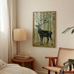 Green Woodland Deer - Black Stag Silhouette Forest Wall Art Linocut Style - thumbnail 2