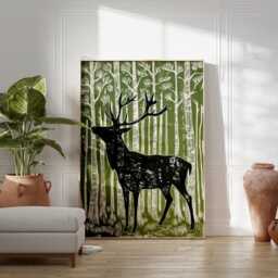 Green Woodland Deer - Black Stag Silhouette Forest Wall Art Linocut Style - thumbnail 3