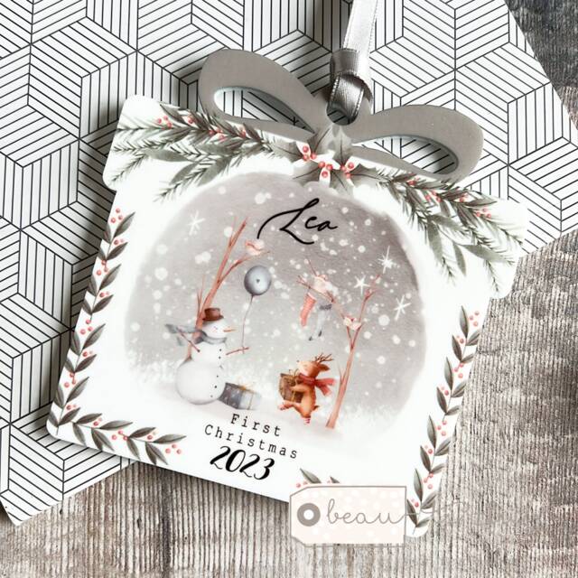 Personalised Baby's First Christmas New Baby Boy Girl Blue Pink Snowman Gift Design Acrylic Present Shaped Ornament Tree Keepsake Bauble - image 1