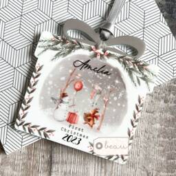 Personalised Baby's First Christmas New Baby Boy Girl Blue Pink Snowman Gift Design Acrylic Present Shaped Ornament Tree Keepsake Bauble - thumbnail 2