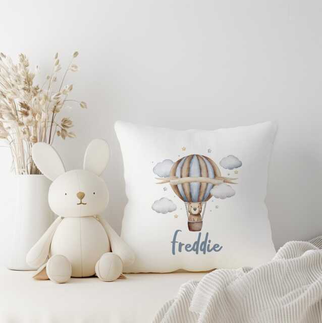 Hot Air Balloon Pillow With Personalisation, Kids Square Throw Pillow Decor, Children's Room Decor, Cotbed Bedding, Personalised