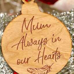 Personalised Cherry Wood Remembrance Loved One Memorial Feather Christmas Tree Decoration Bauble Keepsake Gift - thumbnail 3