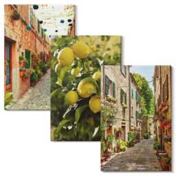 Canvas Art Set Of 3 - Charming Streets With Flowers & Lemons, Yellow Picture Print, Landscapes Wall Decor - thumbnail 2