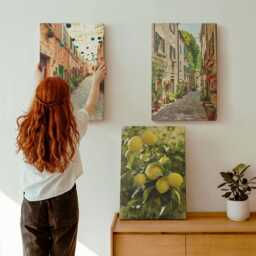 Canvas Art Set Of 3 - Charming Streets With Flowers & Lemons, Yellow Picture Print, Landscapes Wall Decor - thumbnail 1