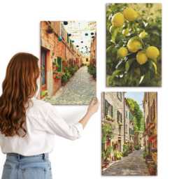 Canvas Art Set Of 3 - Charming Streets With Flowers & Lemons, Yellow Picture Print, Landscapes Wall Decor - thumbnail 3