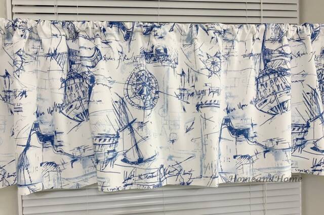 Beach House Decor Valance Schooner Nautical Blue White Curtain Topper Window Treatments Kitchen Valance Cafe Curtains - image 1