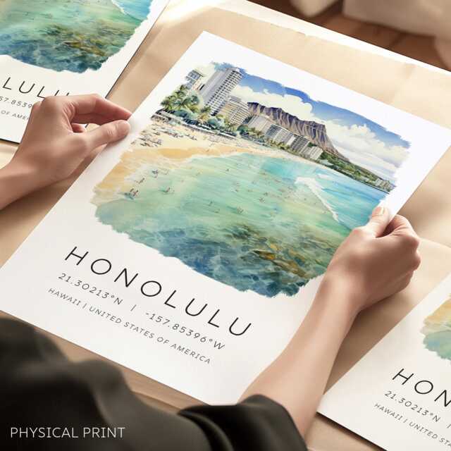 Travel Prints For Honolulu Hawaii, Retro Vintage Art Prints, Watercolour Illustrations, Wall Art, Hawaii Destination - image 1