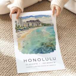 Travel Prints For Honolulu Hawaii, Retro Vintage Art Prints, Watercolour Illustrations, Wall Art, Hawaii Destination - thumbnail 2