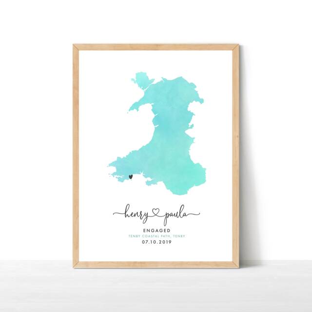 Wales Engagement Map Print, Watercolour Wedding Map, Personalised Gift, Travel Print - image 1