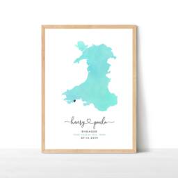 Wales Engagement Map Print, Watercolour Wedding Map, Personalised Gift, Travel Print - thumbnail 1