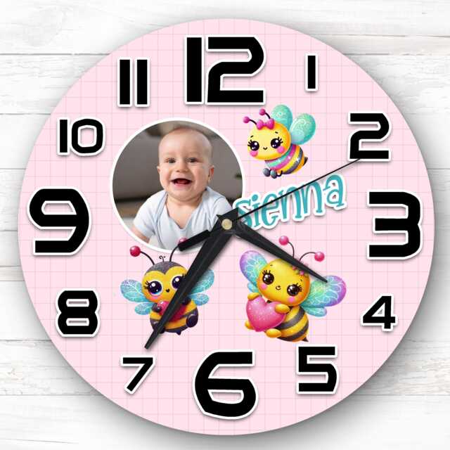 Pink Girl's Cute Bees Photo Personalised Gift For Kid's Bedroom Clock - Kids Clock, Children's , Custom Wall - image 1
