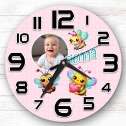 Pink Girl's Cute Bees Photo Personalised Gift For Kid's Bedroom Clock - Kids Clock, Children's , Custom Wall