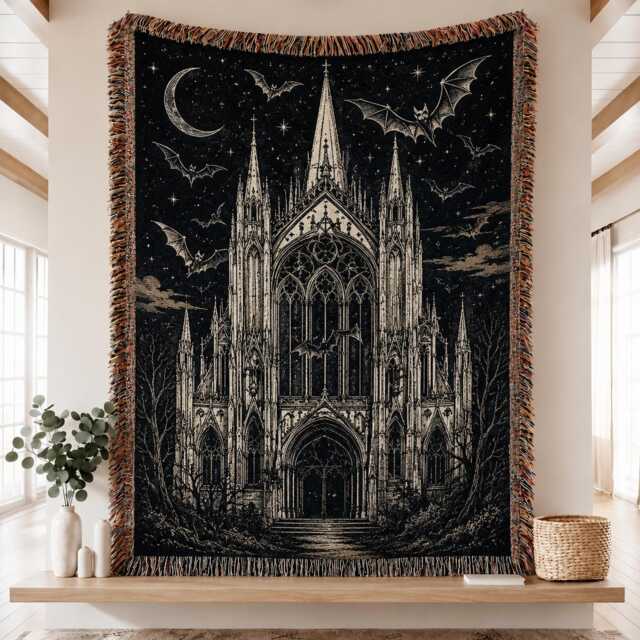 Boho Gothic Cathedral Woven Blanket, Haunted Church Throw, Halloween Art Wall Hanging - image 1
