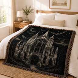 Boho Gothic Cathedral Woven Blanket, Haunted Church Throw, Halloween Art Wall Hanging - thumbnail 3