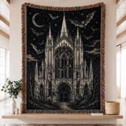 Boho Gothic Cathedral Woven Blanket, Haunted Church Throw, Halloween Art Wall Hanging - thumbnail 1