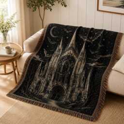Boho Gothic Cathedral Woven Blanket, Haunted Church Throw, Halloween Art Wall Hanging - thumbnail 2