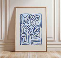 Abstract Blue Line Art Print, Modern Minimal Wall Decor, Contemporary Geometric Poster - thumbnail 1