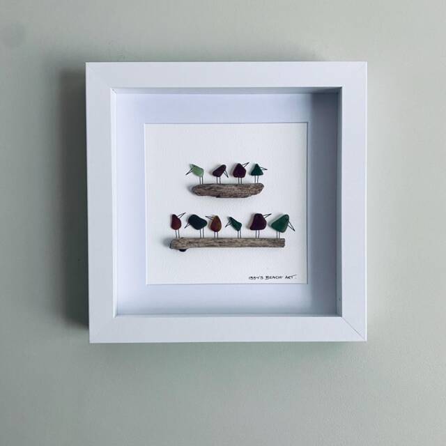 Cornish Sea Glass Birds On Driftwood Picture Framed Coastal Wall Art Natural Interior Decor Handmade in Cornwall - image 1