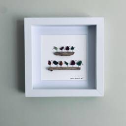 Cornish Sea Glass Birds On Driftwood Picture Framed Coastal Wall Art Natural Interior Decor Handmade in Cornwall
