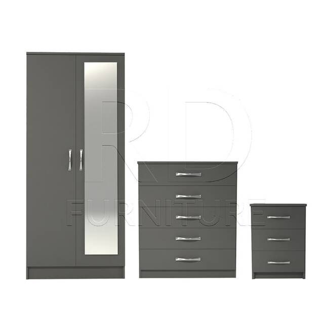 Bedroom Set, Grey Set, Wardrobe, Mirrored Chest Of Drawers & Bedside Table. Ready Assembled - image 1