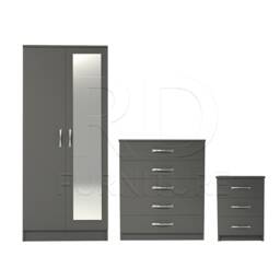 Bedroom Set, Grey Set, Wardrobe, Mirrored Chest Of Drawers & Bedside Table. Ready Assembled - thumbnail 1