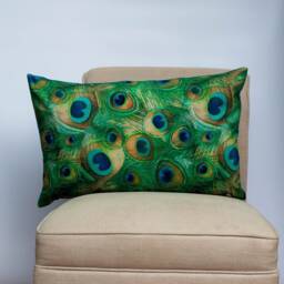 Velvet Peacock Feather Xl Rectangular Cushion. Bright & Modern Blue & Green Feathers. Backed With Soft Teal Velvet. 23X15