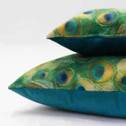 Velvet Peacock Feather Xl Rectangular Cushion. Bright & Modern Blue & Green Feathers. Backed With Soft Teal Velvet. 23X15 - thumbnail 3