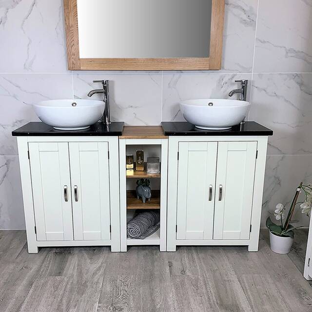 Bathroom Vanity Unit - Sink Washstand Slimline White Painted With Black Quartz Worktop & Sit On Basins Taps Plugs Included - image 1
