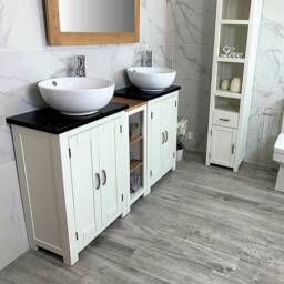 Bathroom Vanity Unit - Sink Washstand Slimline White Painted With Black Quartz Worktop & Sit On Basins Taps Plugs Included - thumbnail 3