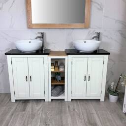 Bathroom Vanity Unit - Sink Washstand Slimline White Painted With Black Quartz Worktop & Sit On Basins Taps Plugs Included