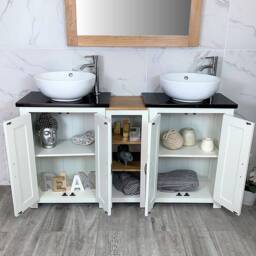 Bathroom Vanity Unit - Sink Washstand Slimline White Painted With Black Quartz Worktop & Sit On Basins Taps Plugs Included - thumbnail 2