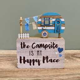 Rustic Caravan Sign Campsite Happy Place Wooden Ornament Block/Holiday Home Indoor Campervan Camping D??cor - thumbnail 2