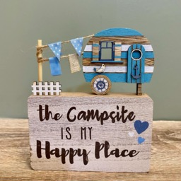 Rustic Caravan Sign Campsite Happy Place Wooden Ornament Block/Holiday Home Indoor Campervan Camping D??cor - thumbnail 1