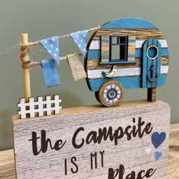Rustic Caravan Sign Campsite Happy Place Wooden Ornament Block/Holiday Home Indoor Campervan Camping D??cor - thumbnail 3