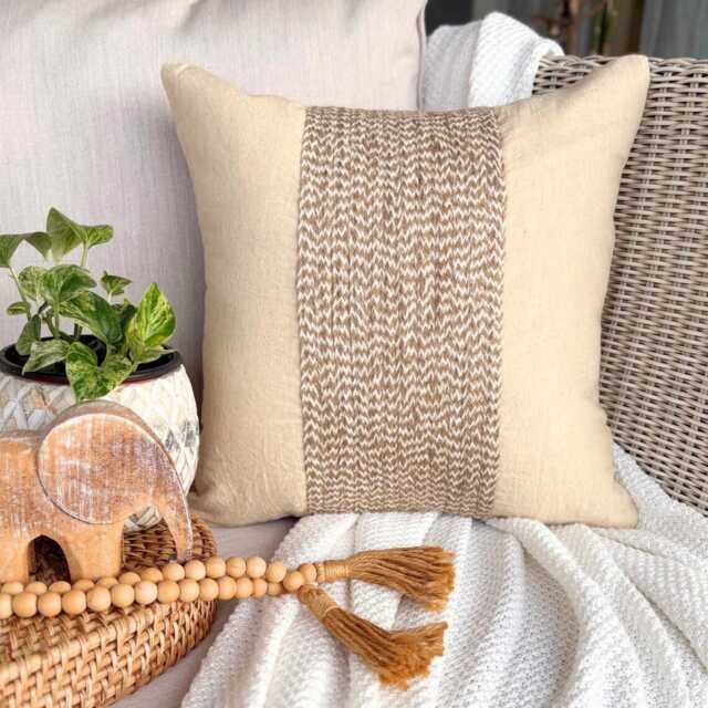 Cotton Linen Beige Jute Lace Striped Throw Pillow Cover, 16x16 Contemporary Cushion Cover - Memories - image 1
