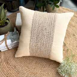 Cotton Linen Beige Jute Lace Striped Throw Pillow Cover, 16x16 Contemporary Cushion Cover - Memories - thumbnail 3