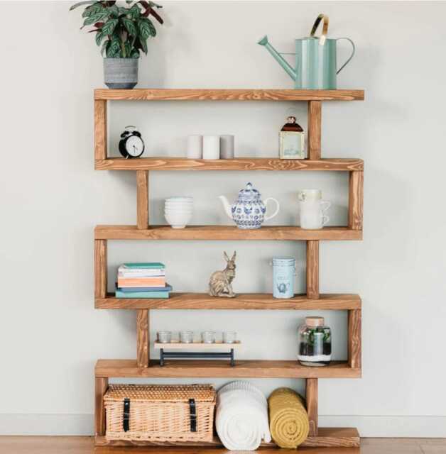 Rustic Wood Bookcase, Farmhouse Shelving Unit, Unusual Step Design - image 1
