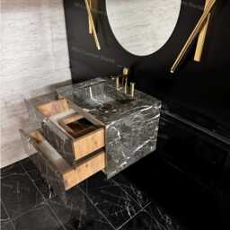 Black Marble Wall Mounted Vanity Sink Modern Bathroom Floating - thumbnail 3