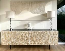 Low Sideboard With Pearl White & Gold Textured Design. Bespoke Furniture