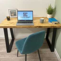 Handmade Solid Wood Desk With Industrial Steel Trapezium Legs - Rustic Home Office Custom Sizes - thumbnail 3