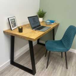 Handmade Solid Wood Desk With Industrial Steel Trapezium Legs - Rustic Home Office Custom Sizes - thumbnail 2