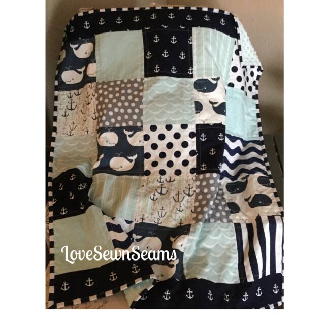 Nautical Baby Quilt/Baby Quilt/Baby Blanket/Mint & Navy Crib Quilt - image 1